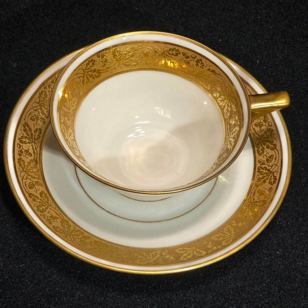 Antique J. Balleroy & Cie Limoges France Gold Oak Leaf Porcelain Cup Saucer Set